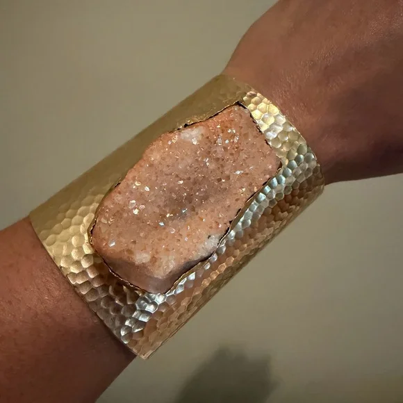 Gold Hammered Cuff Bracelet with Stone - Picture 1 of 4